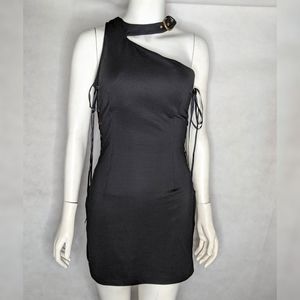 Black Bodycon Dress M Lace Up Sides One Shoulder
